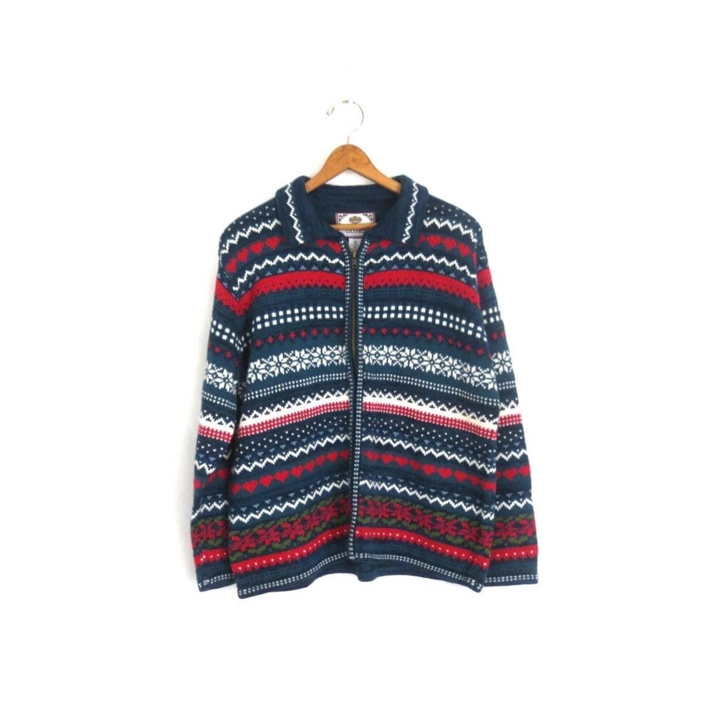 Tiara International Cardigan Sweater Blue/Red Vintage hearts Holiday Medium